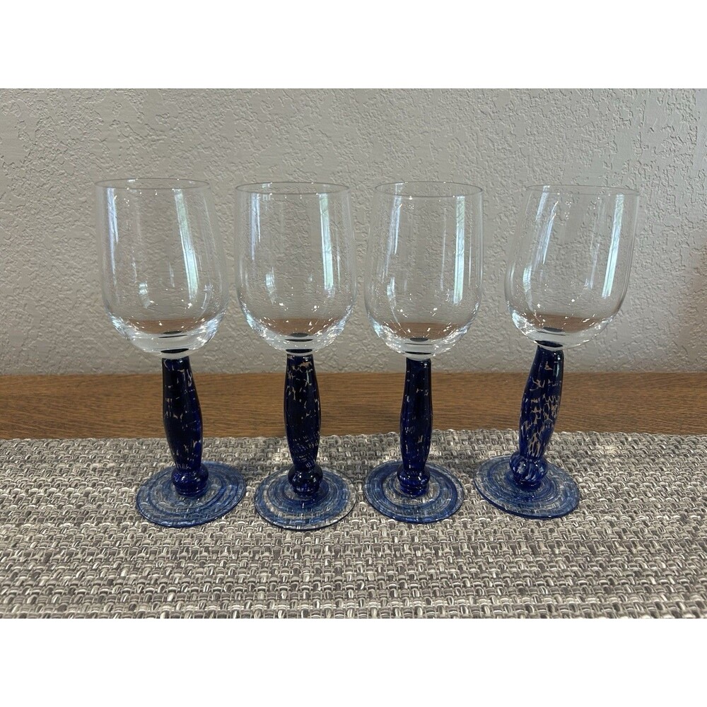 Hand Blown Wine Glasses Set Of 4 Cobalt Blue Speckled Swirled Stems 9”